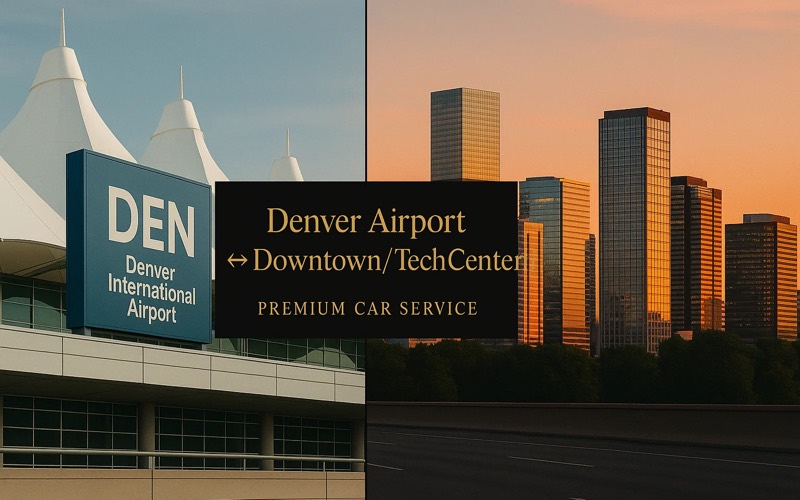 Denver International Airport and the downtown Denver skyline at sunset