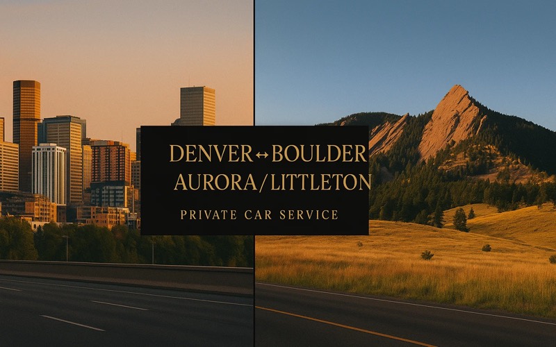 Denver skyline and the Boulder Flatirons at golden hour above an open highway