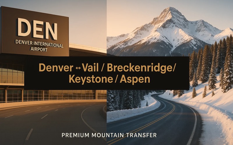 Denver International Airport terminal beside a snowy Colorado mountain road