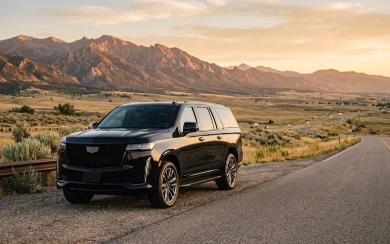 Black Cadillac Escalade on a rural road below the Northern Colorado foothills at golden hour