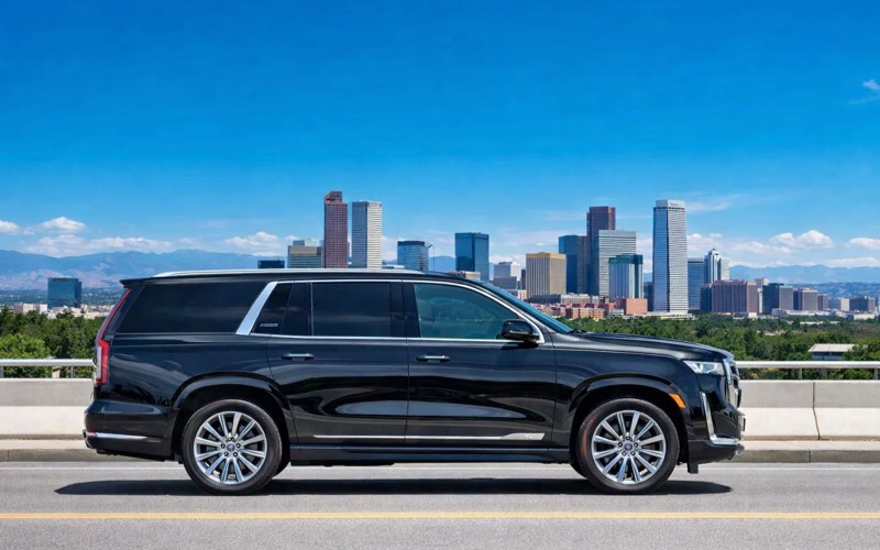 Black luxury SUV with the Denver skyline, for Denver Airport to Vail transfers
